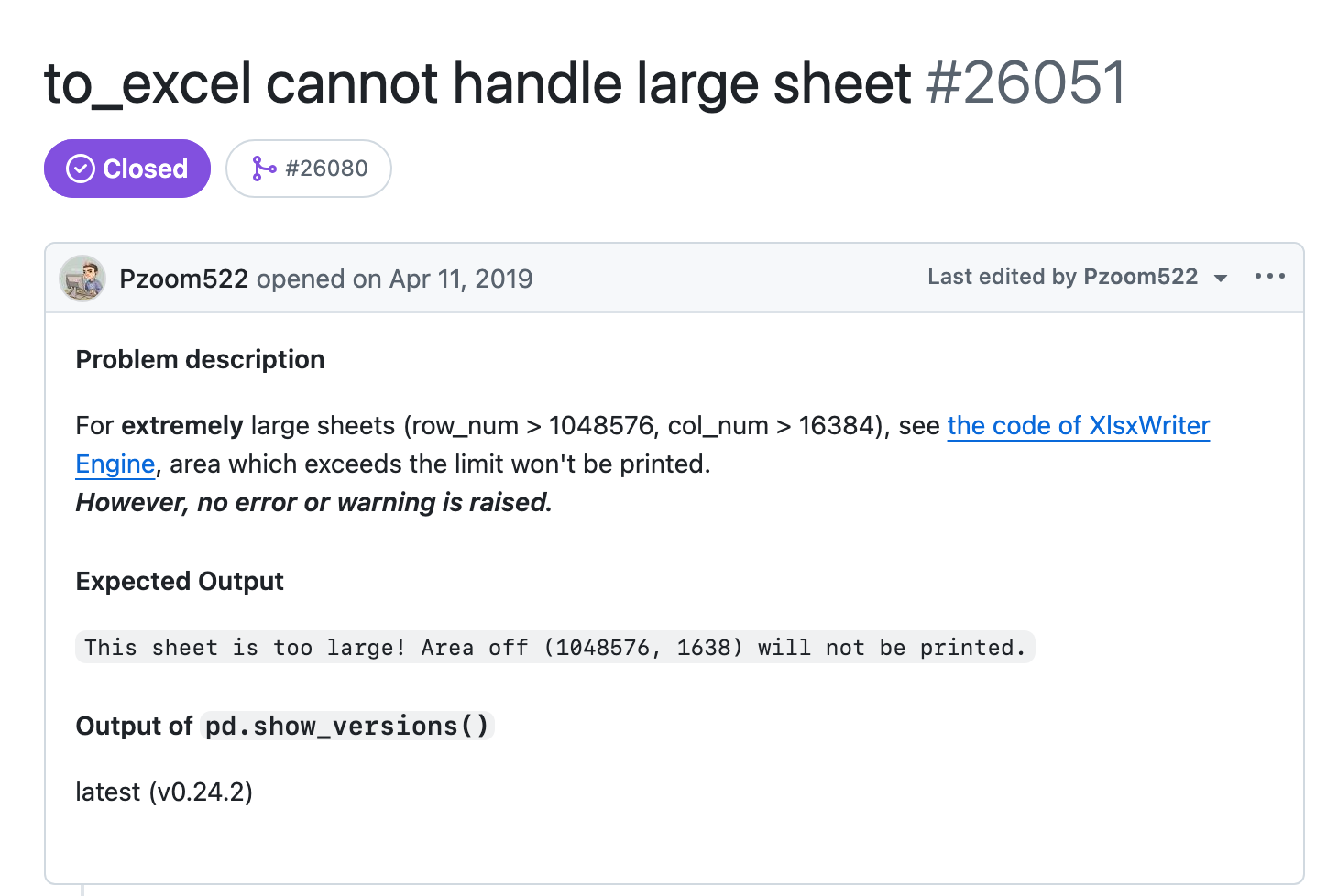 Screenshot of pandas issue 26051 on GitHub